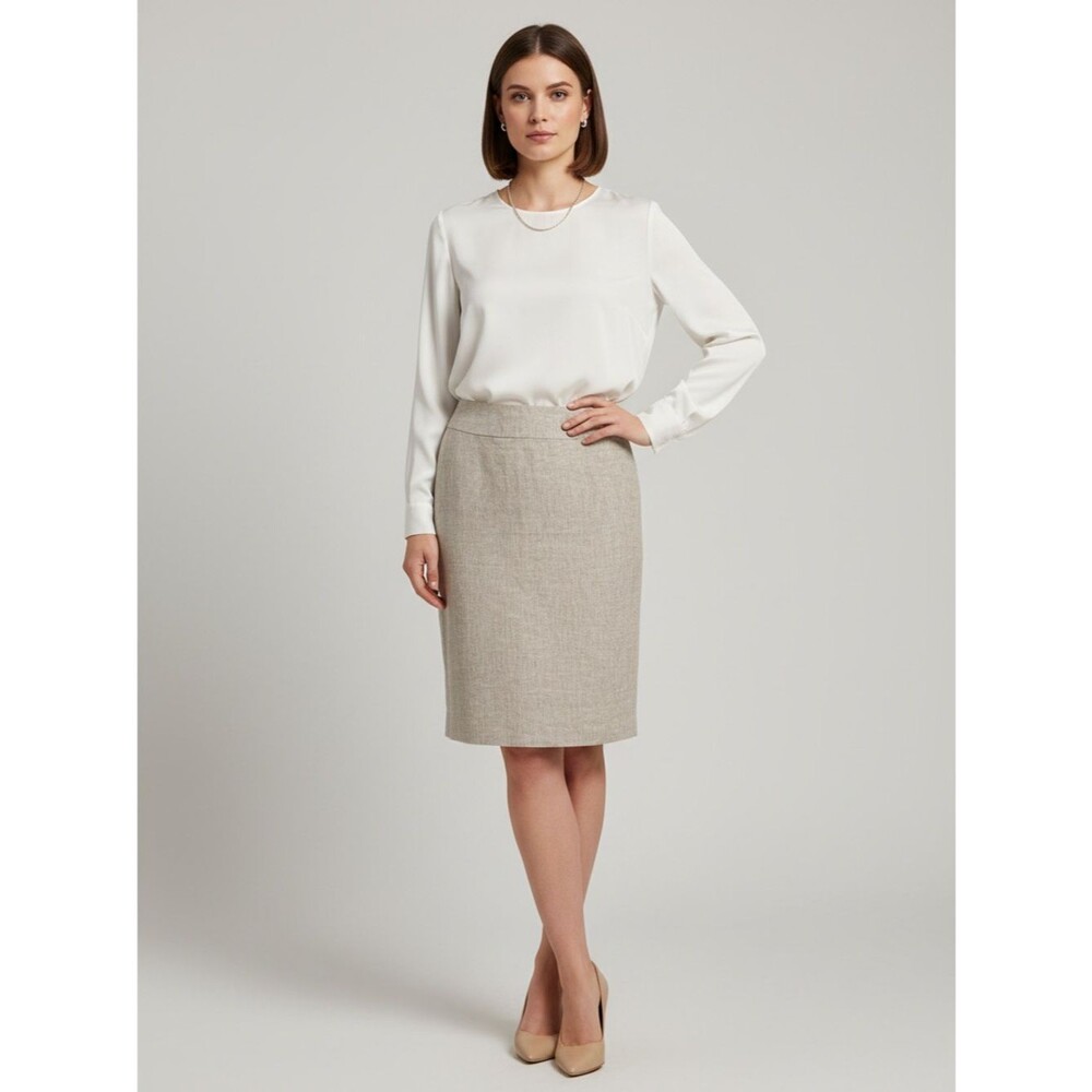 Antonio Melani 100% Linen Pencil Skirt Oatmeal Kick Pleat Office Work Size 4